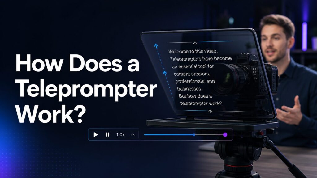 A presenter reads from a teleprompter reflecting script text in front of a camera