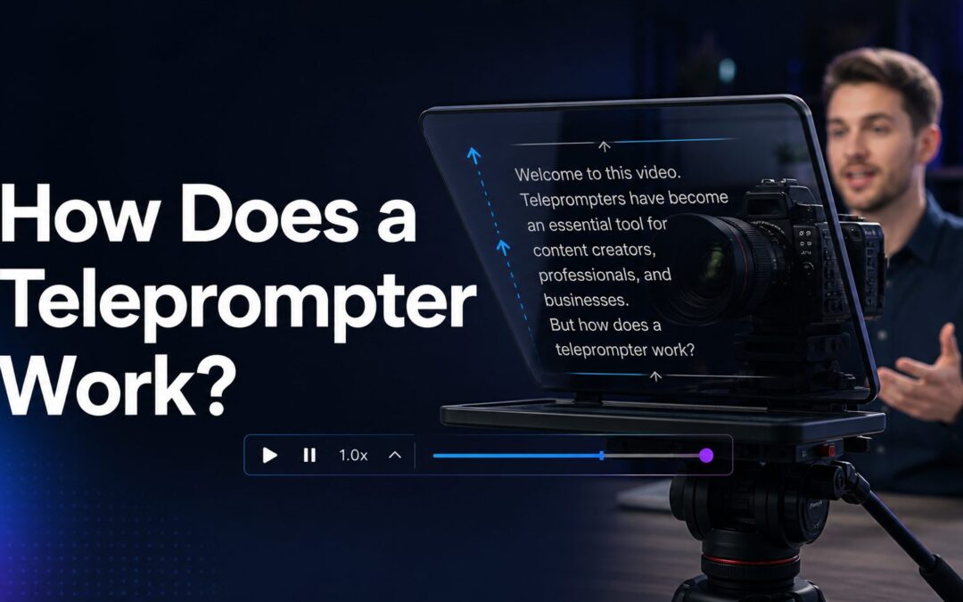 A presenter reads from a teleprompter reflecting script text in front of a camera